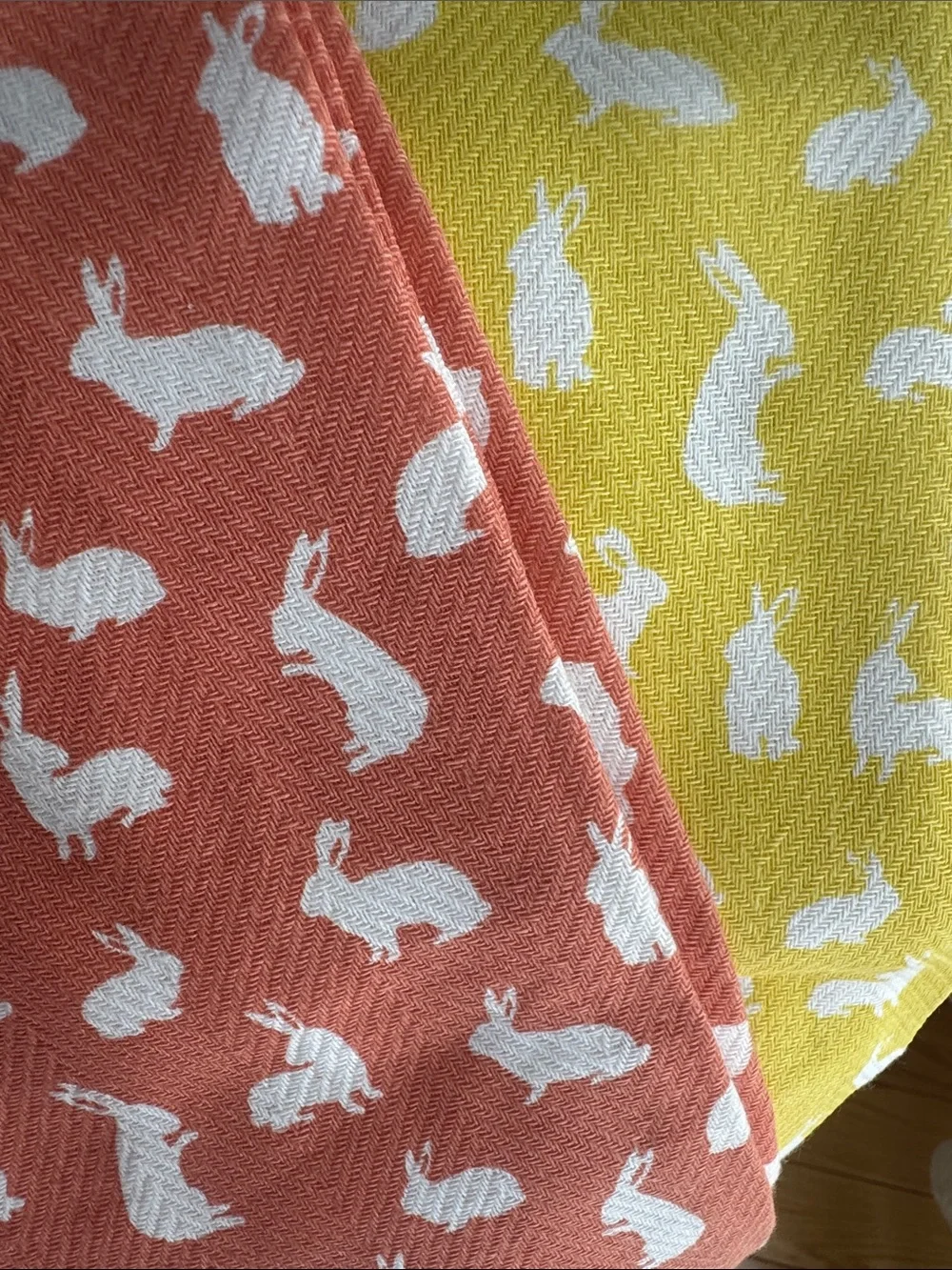 Set of 2 Bunny Rabbit 🐇 Kitchen Towels - Yellow & Coral - NEW (never washed)
